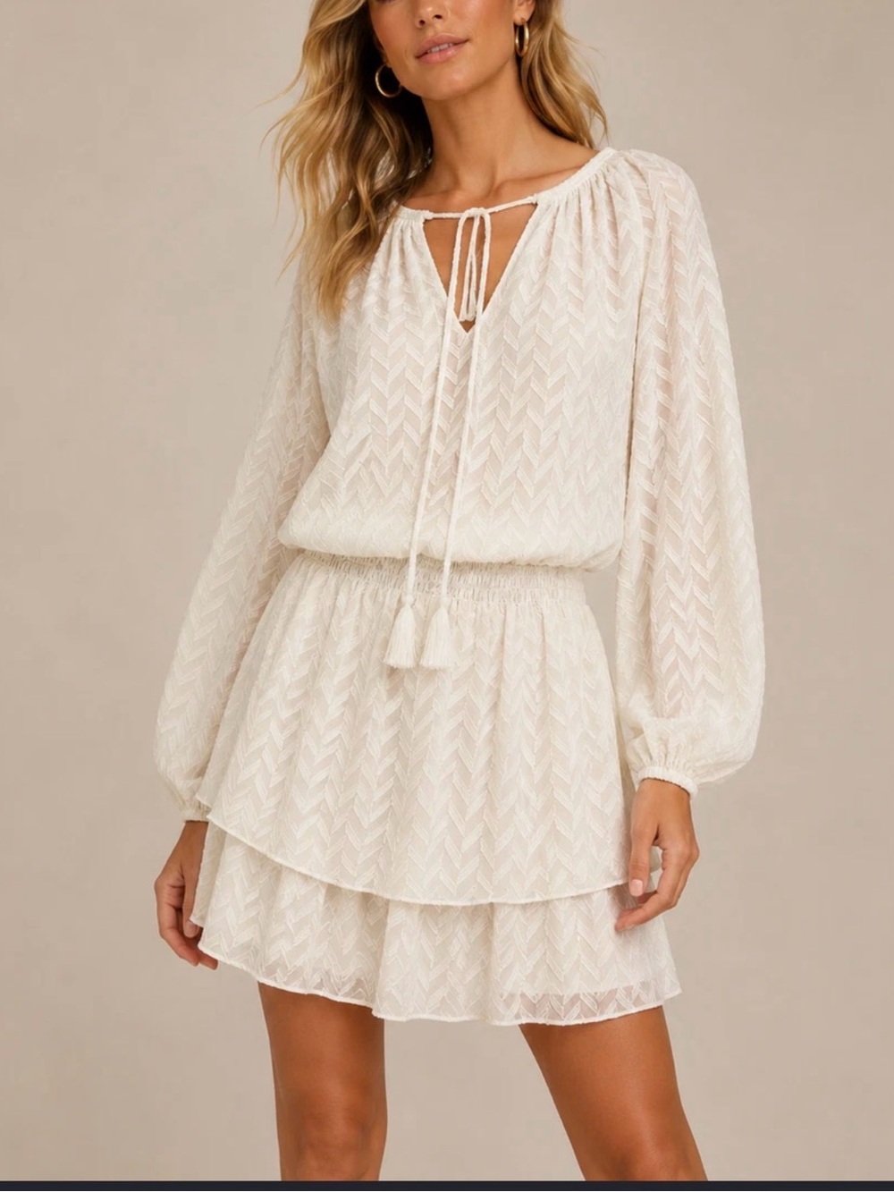 Ramy Brook Cream Tiered Long-Sleeve Dress